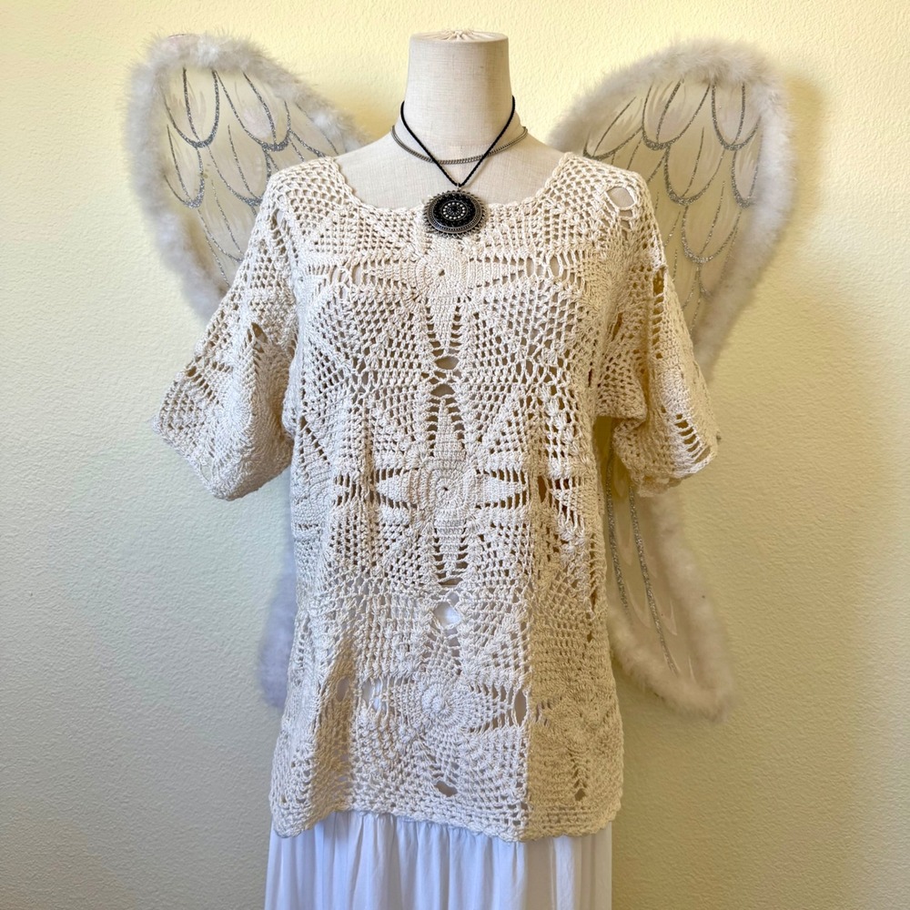 Vintage Cream Crochet Knit Short Sleeve Top Star Pattern Boho Festival Cream